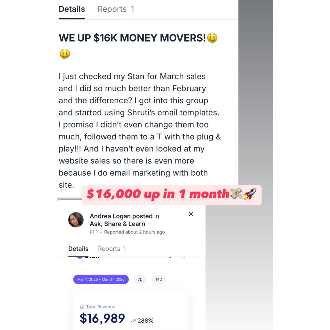 Andrea Logan's post: I just checked my Stan for March sales and did so much better than February — $16,989 total revenue, up 288% in one month.
