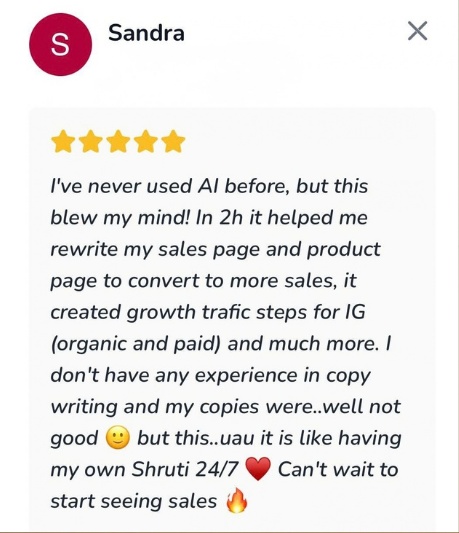 Sandra's Money Mind AI review: In 2h it helped me rewrite my sales page and product page to convert to more sales.